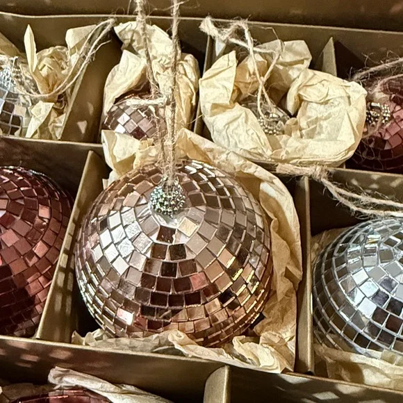 Crate&Barrel Rosy Red, Silver, Pink Disco Ball Ornaments Set 12 - Picture 7 of 14